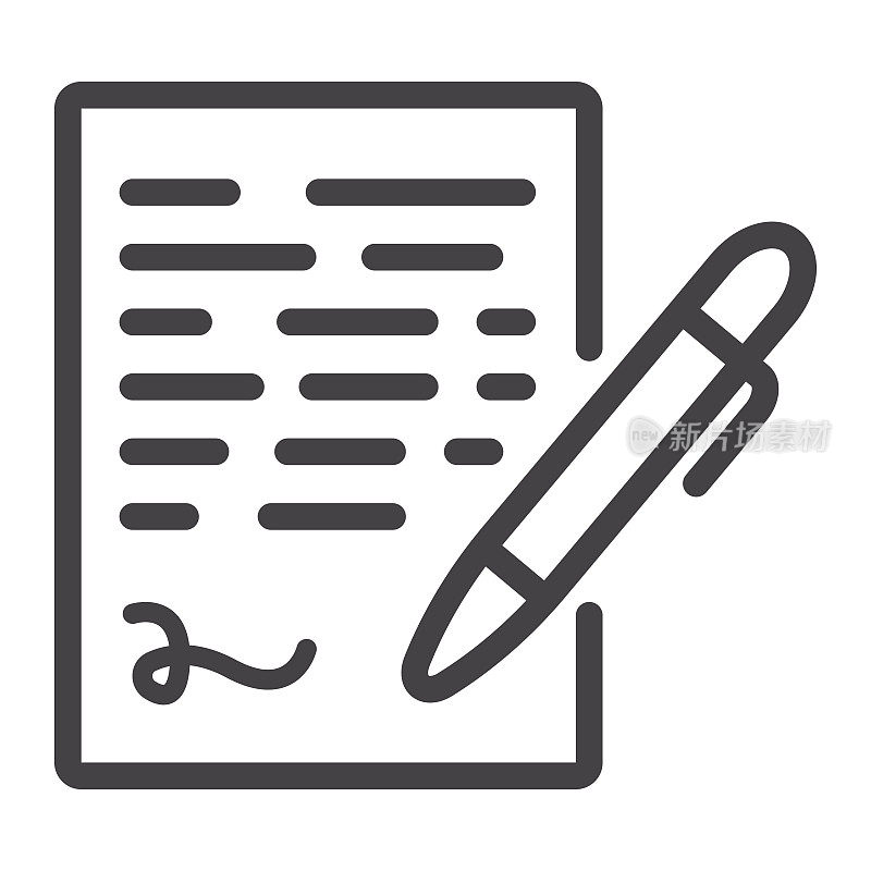 钢笔签名线图标，商务合同和签名，矢量图形，白色背景上的线性图案，eps 10。
